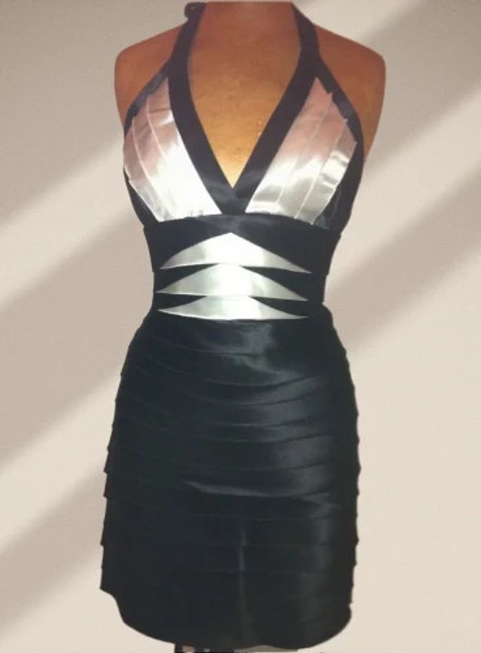 Robe cocktail satin noire & blanche effet bandage taille 34/0/XS - BCBGmaxazria