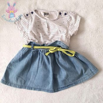 Robe bi-matières blanc rayé bleu bébé fille été 9 Mois TAO