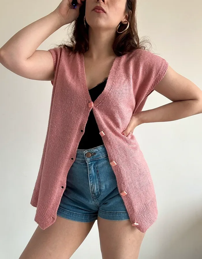 Gilet long en maille vintage rose taille XL - photo numéro 5