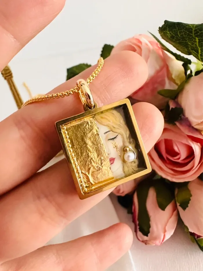 🥲Collier artisanal unique avec perle d’eau douce naturelle – inspiré de Gustav Klimt - photo numéro 12