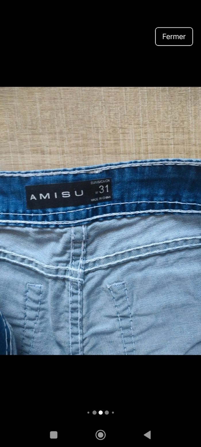 Jean bleu femme Amisu w31  avec surpiqûres blanches - photo numéro 4