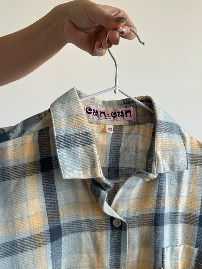 Chemise vintage à carreaux bleu et jaune en coton taille S/M - photo numéro 4