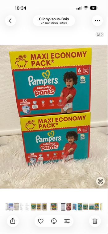 2 cartons de couches Pampers taille 6