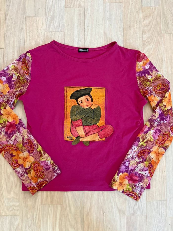 T-shirt artistique Misia Paris – taille S/M – manches longues fleuries – pièce originale & bohème