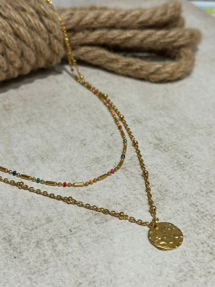 Collier plusieurs rang en acier or et bille en multicolore - photo numéro 4