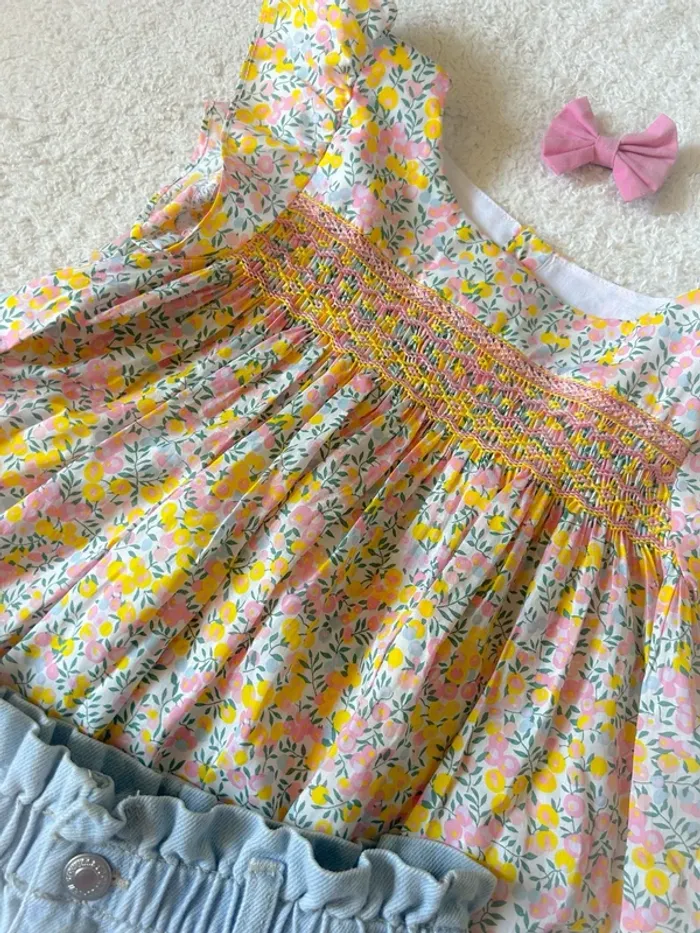 Blouse créatrice smockée et noeud liberty US 8 ans - photo numéro 5