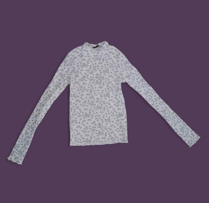 Pull petit col roulé blanc motifs fleurs violettes 10/12 ans fashion private compagny kid