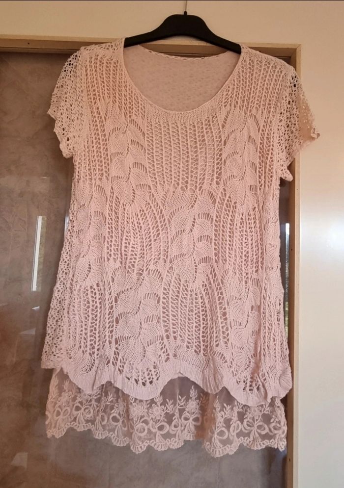 tunique rose manche courte effet macramé taille 38