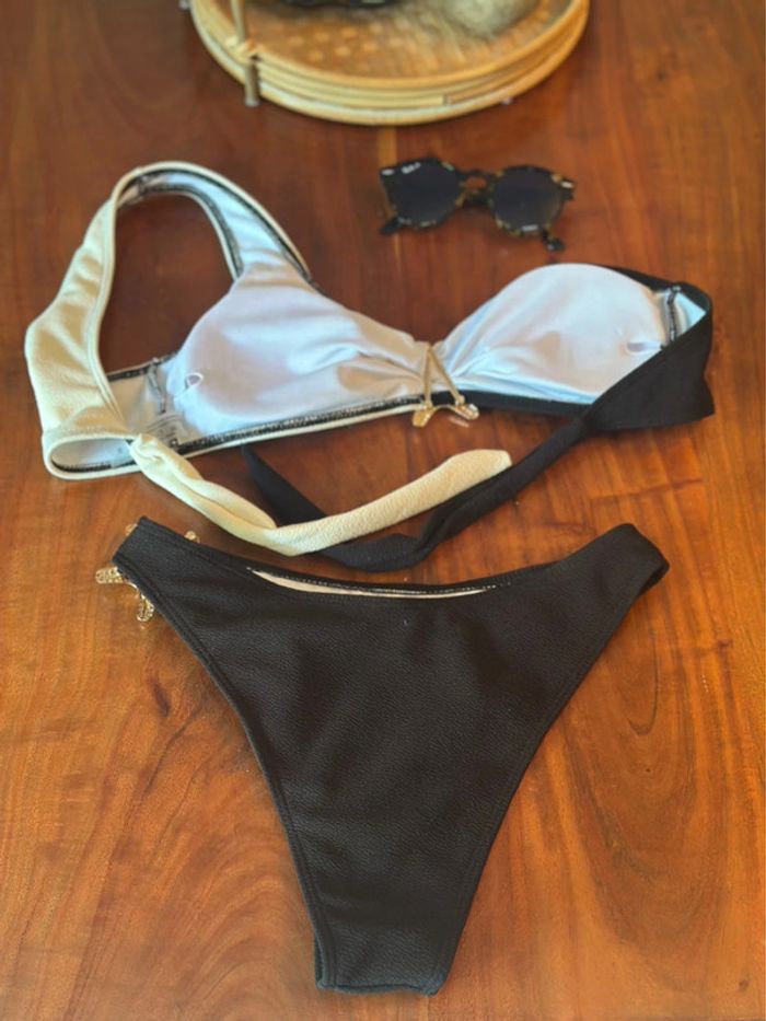 Maillot de bain asymétrique noir & beige boucle étoile de mer doré – Taille S – Neuf - photo numéro 7