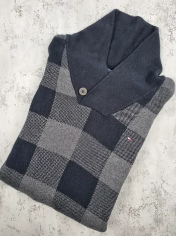 Pull col châle noir à carreaux Tommy Hilfiger – Taille XXL Homme (mesures en photos)