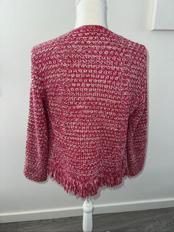 Blazer cardigan en tweed et franges rose fuchsia argenté et blanc Maje T3 40 L - photo numéro 5