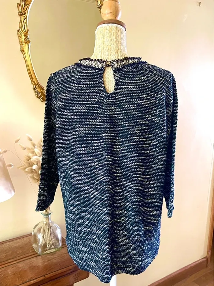 sublime Top maille tweed effet bouclette col rond perles manches 3 4 neuf - photo numéro 8