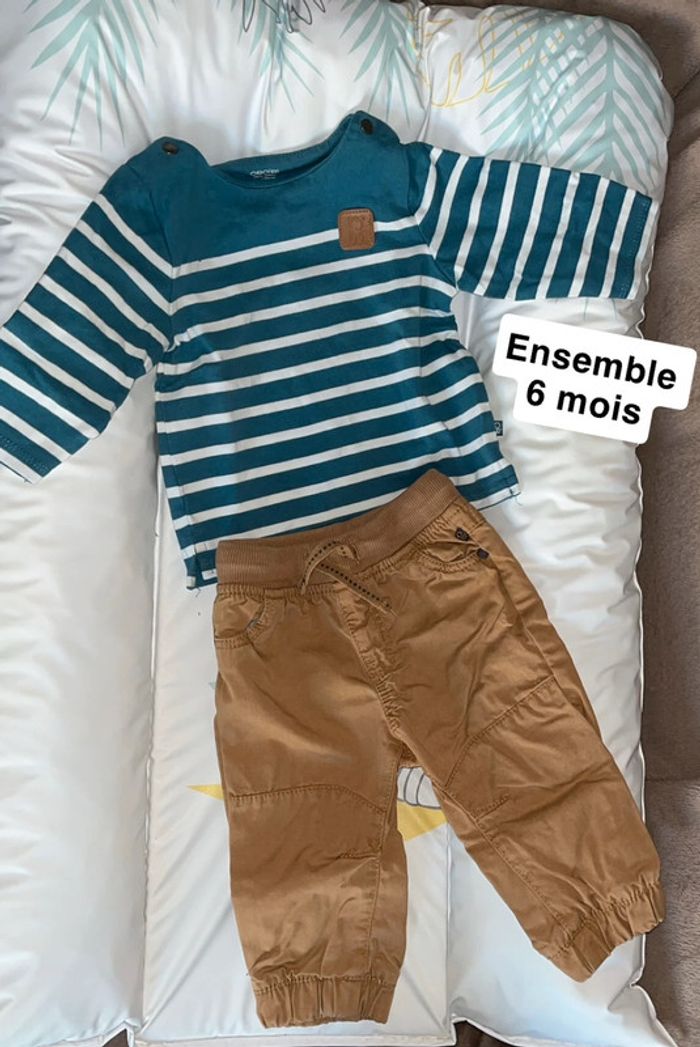 Ensemble pantalon et pull marron et bleu 6mois Obaibi