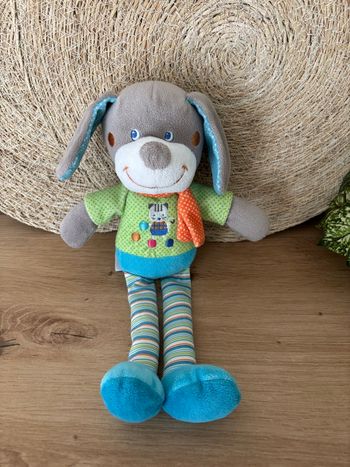 Doudou chien bleu vert écharpe orange mots d enfants 