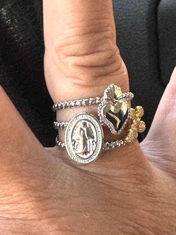 Bague large réglable acier inoxydable argent /or cœur ex-voto vierge croix - photo numéro 4