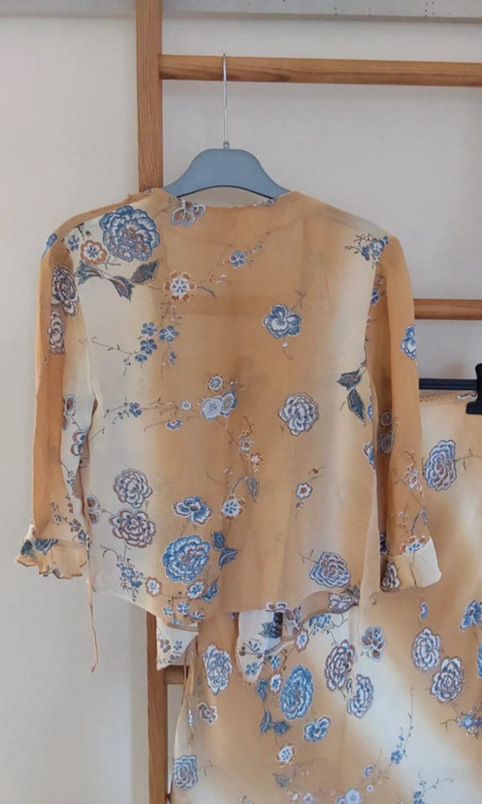 Superbe ensemble fluide Vintage beige bleu jupe et veste boléro T38 - photo numéro 11