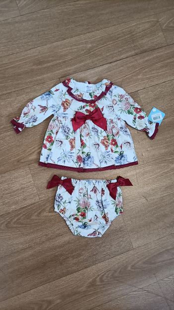 Ensemble robe+culotte fleurie bébé fille Sardon neuf 100/💯  coton