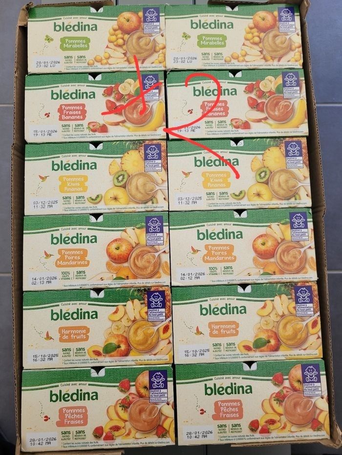 Gros lots de 96 compotes bledina des 6/8 mois 6 variétés différentes