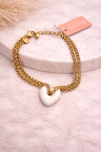 Bracelet double chaîne dorée & cœur blanc