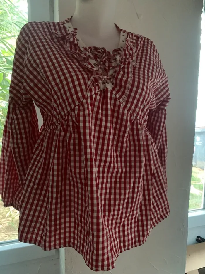 Blouse vintage évasée vichy Lilie rose taille L - photo numéro 2