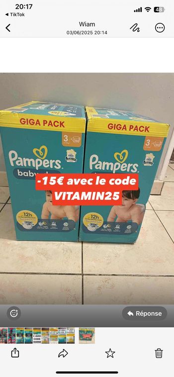 2 cartons de couches Pampers giga pack taille 3