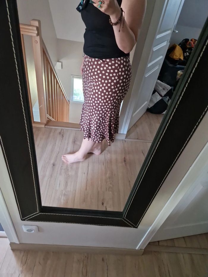 Jupe midi per una pois marron beige taille 46 - photo numéro 4