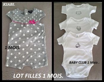 LOT 1 Mois filles de 3 bodies blanc et 1 barboteuse grise