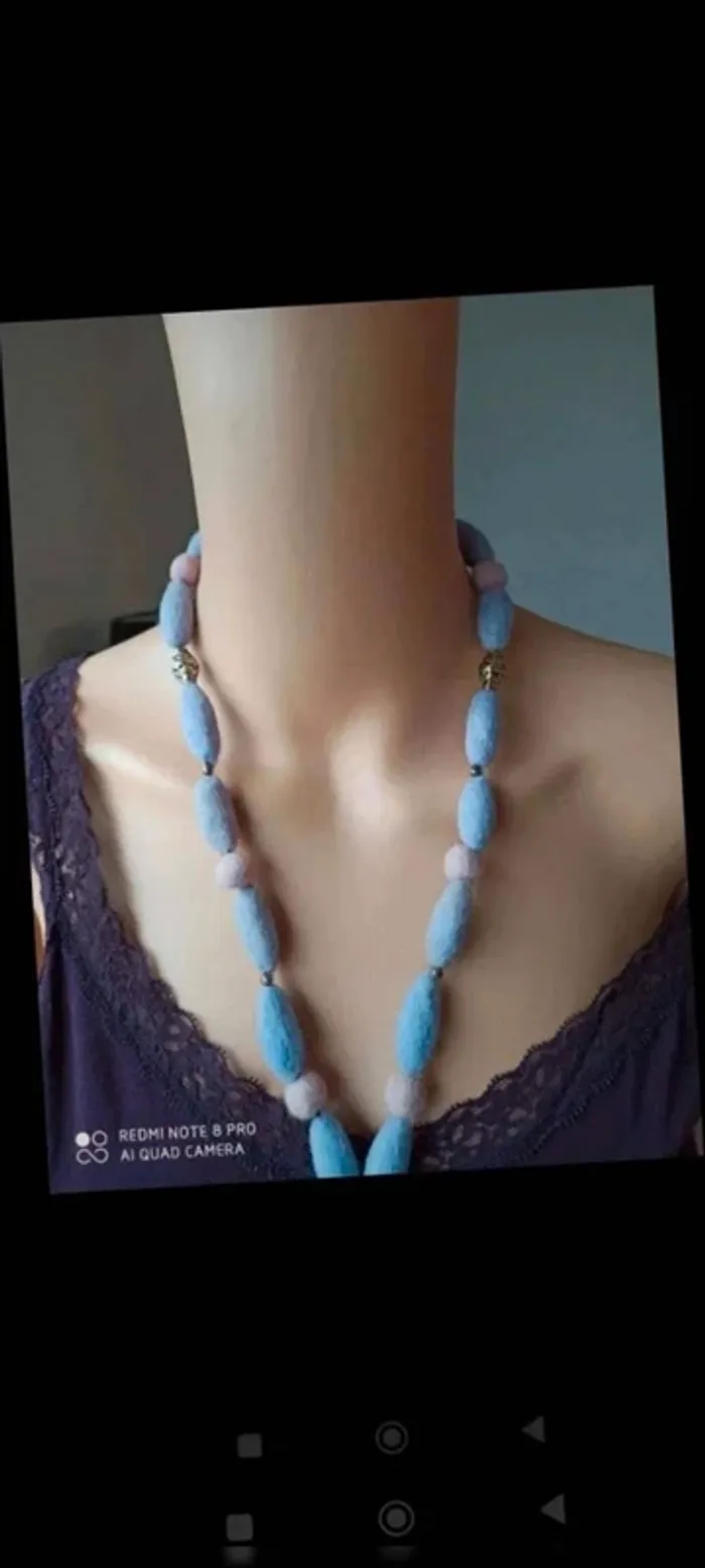 Collier feutrine lilas  rose argenté - photo numéro 3