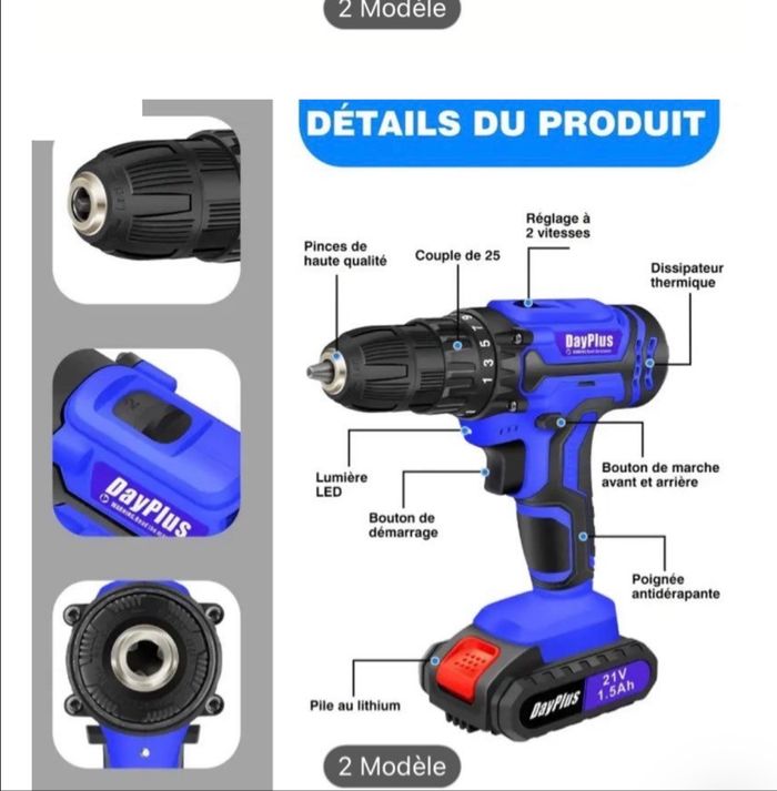 Coffret Perceuse Visseuse sans fil complète 21V puissante avec Led Neuve Promo - photo numéro 4