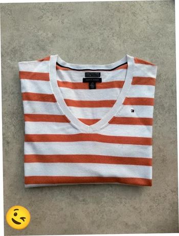 Pull Tommy Hilfiger Col V Taille L blanc orange Femme Women PULL203