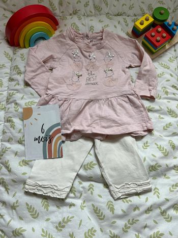 ensemble teeshirt manches longues rose orchestra et legging blanc grain de blé 6 mois