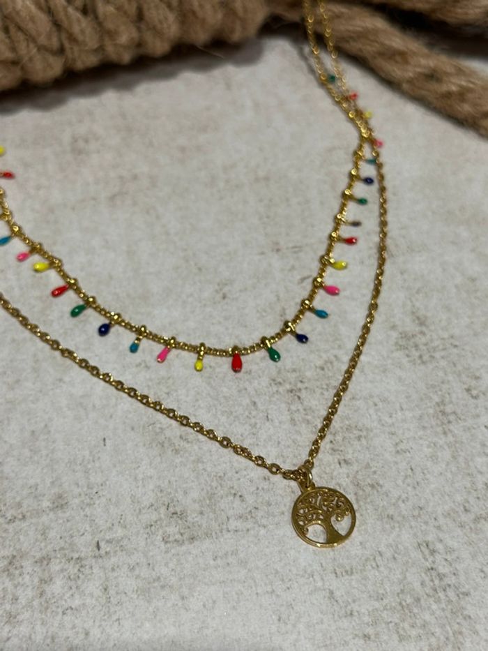 Collier plusieurs rangs en acier or et perles émail