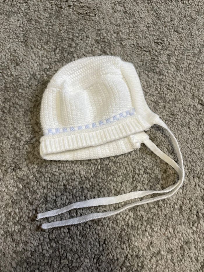 Bonnet laine naissance blanc et bleu