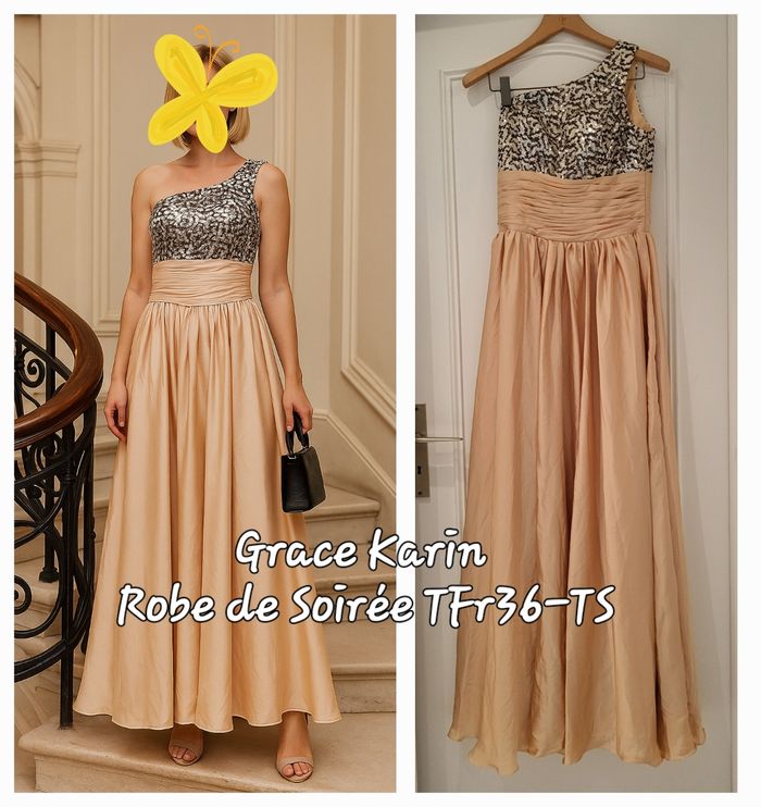 Grace Karin Robe de Soirée TFr36-Champagne -Longue avec Bustier   à sequins et asymétrique -Neuve