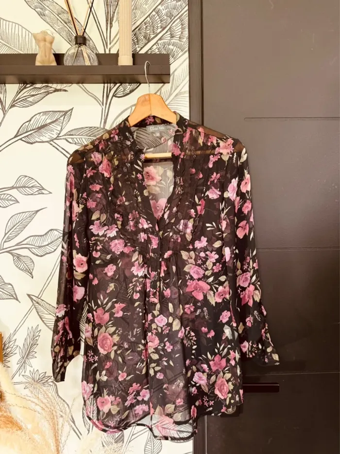 Taille 38 ~ M blouse légère voilage femme Clara Vittri noire et violet * florale * 🌺