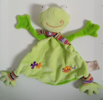 Doudou grenouille verte, marque baby nat',  broderie violet, orange, pattes