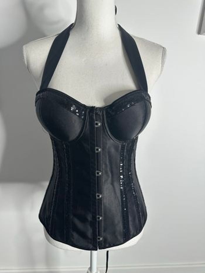 Body Corset noir cabaret en satin et sequins T38 M - photo numéro 3
