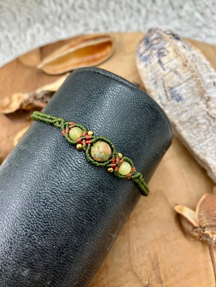Bracelet macramé et acier inoxydable pierre Unakite et Jaspe - photo numéro 2