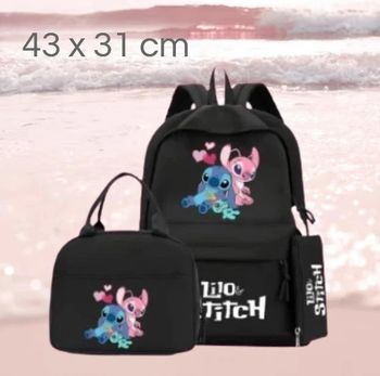 🎒 Ensemble scolaire Sac à Dos, Lunchbox et Trousse Stitch & Angel noir