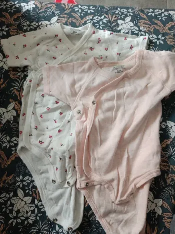 Lot de 2 bodies Kiabi fleurs rouges et rayé rose et blanc 12mois