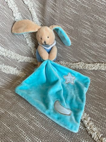 Peluche doudou mouchoir Babynat lapin beige et bleu très bon état