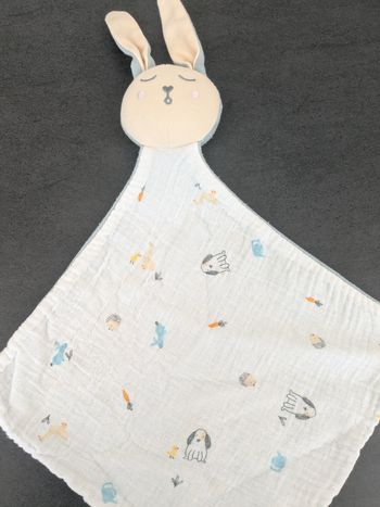 Doudou lapin blanc bleu imprimé chien carotte Kiabi Simba 