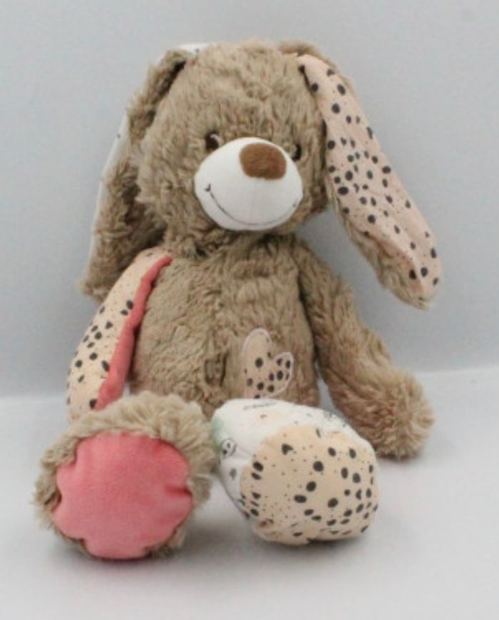 DOUDOU PELUCHE TAPE A L'OEIL LAPIN BEIGE ROSE BLANC COEUR