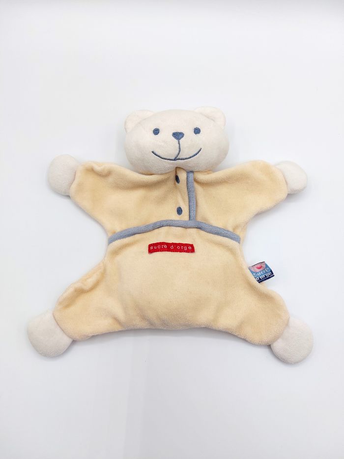 Doudou plat ours jaune blanc SUCRE D’ORGE pyjama bleu jaune rouge Sos doudou - photo numéro 1