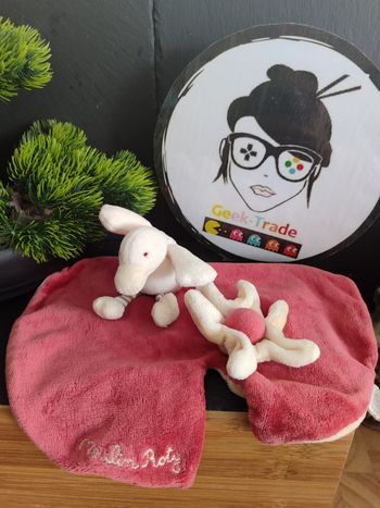 Doudou Édouard Canard nénuphar rond rouge fleur beige moulin roty Ancien DD03295