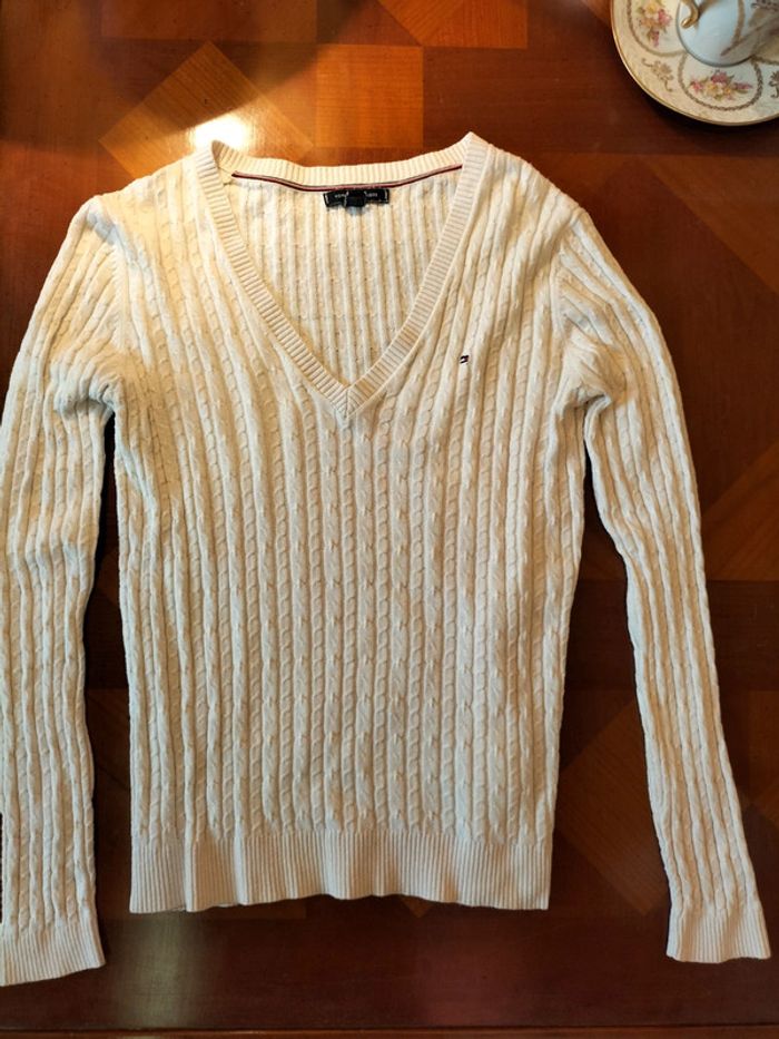 Pull blanc-crème, col V en laine torsadée - photo numéro 5