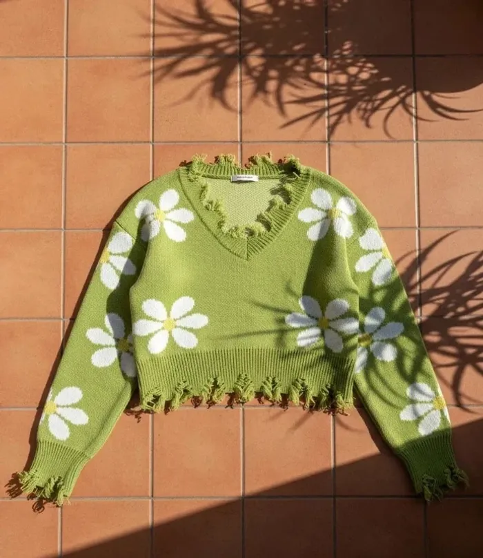Pull vert marguerites, col V, manches longues, taille S, rétro cute bohème chic