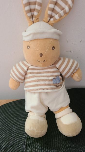 Doudou Peluche Lapin Rayures Marron Ecru Poisson Bleu Takinou