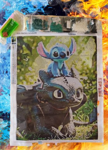 Diamond painting Stitch sur la tête de Krokmou forêt #H179