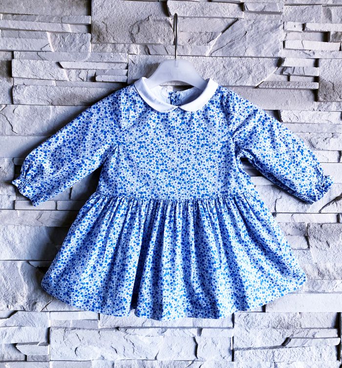 JACADI ROBE BÉBÉ FILLE IMPRIMÉ LIBERTY TONS BLEUS VOLANTS AUX